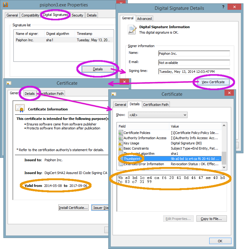 የPsiphon ለWindows ማረጋገጫ ጣት አሻራ ለማግኘት የሚያስፈልገው የውይይት ሳጥኖች ፍሰት