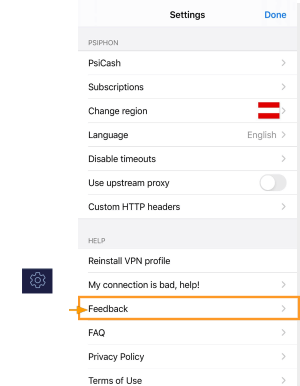 Feedback screenshot for Psiphon iOS feedback tab