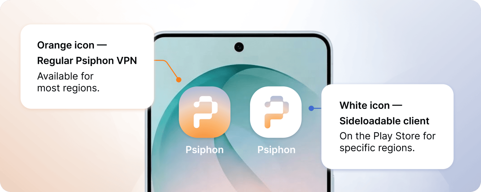 পাশাপাশি দুটি Psiphon Android অ্যাপের আইকন: সাদা আইকনটি হলো সাইডলোডযোগ্য ক্লায়েন্ট, যা নির্দিষ্ট অঞ্চলের জন্য Play Store-এও পাওয়া যায়; রঙিন আইকনটি হলো সাবস্ক্রিপশন সমর্থনযুক্ত সাধারণ Psiphon VPN।