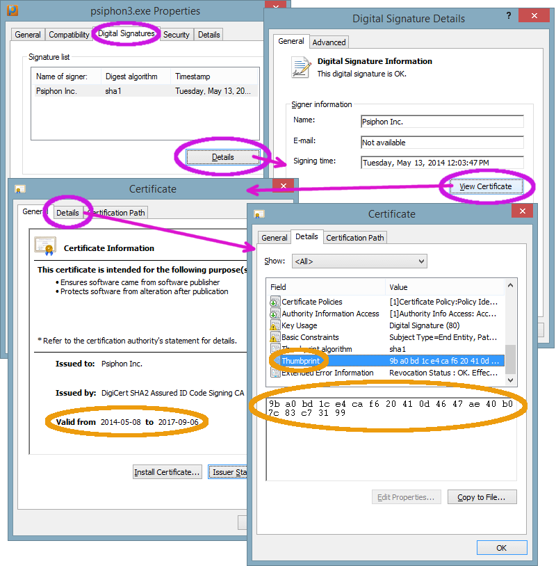 Psiphon for Windows-এর সার্টিফিকেটের থাম্বপ্রিন্ট খুঁজে পাওয়ার জন্য প্রয়োজনীয় ডায়ালগ বক্সগুলোর ক্রম: ফাইলের Properties, Digital Signatures ট্যাব, Details, View Certificate, এরপর Details ট্যাবে Thumbprint প্রদর্শিত হচ্ছে।